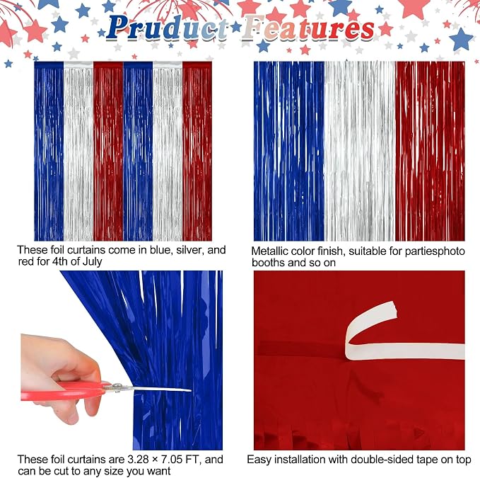 ZATAYE 4 Pack Blue Silver Red Foil Curtain Streamer Decorations | Blue Silver - Image 4