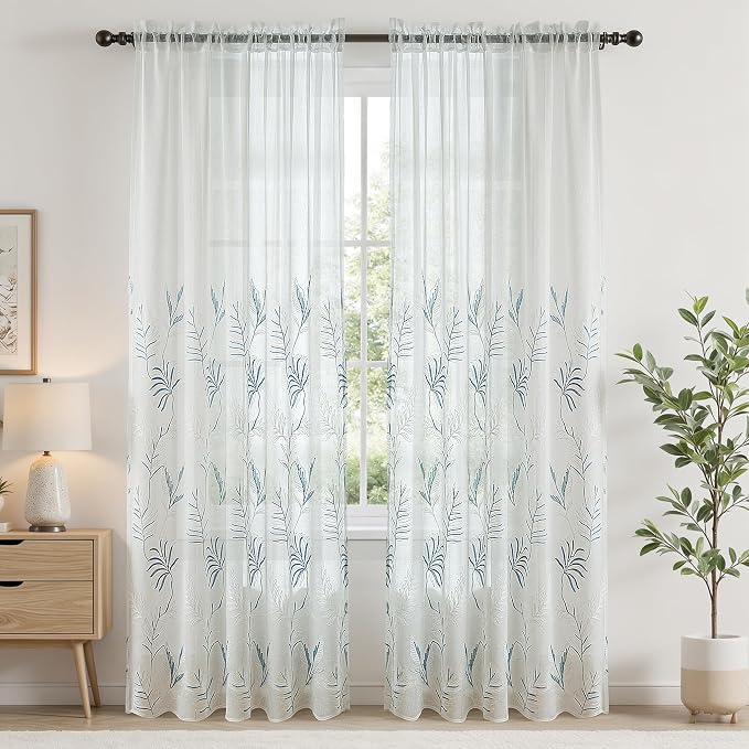 White Sheer Curtains Blue Embroidered Leaf 2 Panels 96 Inches | Light Filtering - Image 2