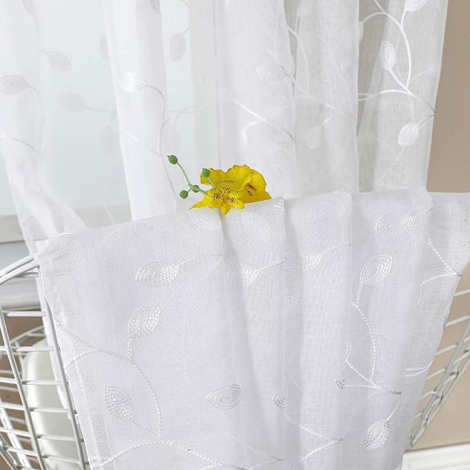 Tollpiz Leaves Sheer Curtain White Leaf Embroidery Living Room Curtains Rod - Image 6