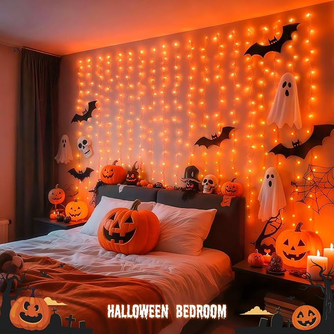 JMEXSUSS Orange Curtain Lights for Halloween, USB Plug in, 200 LED | Remote - Image 2
