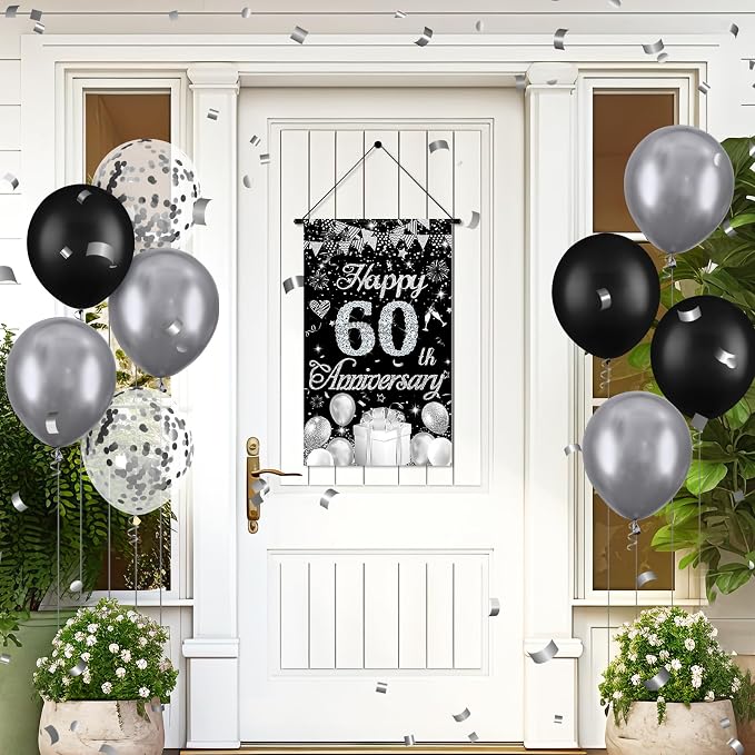 60th Anniversary Decorations Small Banner Black Silver Happy 60th Anniversary - Image 6