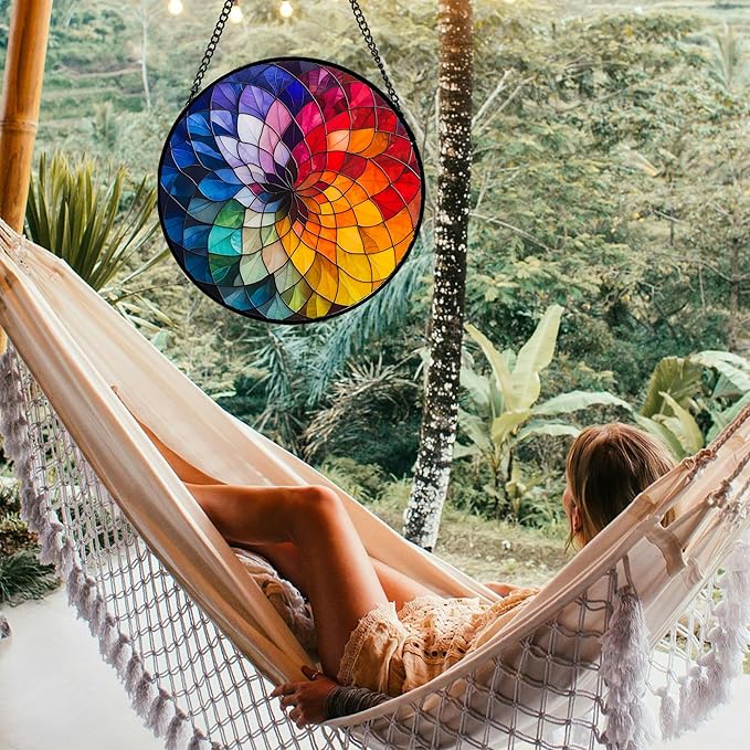 Stained Glass Window Hanging - Colorful Flowers Sun Catcher for Door Terrace Garden Home Decor, Abstract Gradient Suncatcher Birthday Gifts for Lovers Women Men Dad Mom Nana 7.8 in