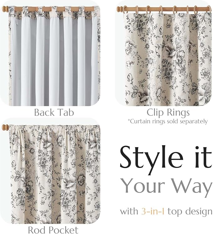 jinchan Black Floral Linen Blackout Curtains 72 Inch Back Tab 2 Panels | - Image 5
