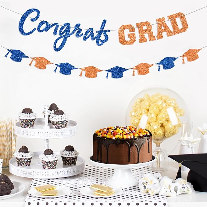 Prestrung Congrats Grad Banner Orange and Blue Graduation Banner - Image 6