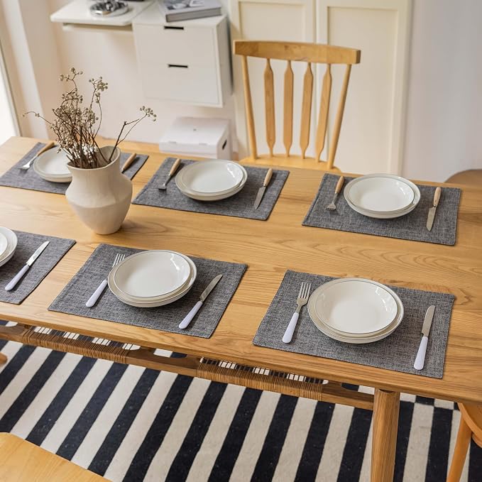 Demetex Grey Linen Placemats Set of 8 Stain Resistant Fabric Place Mats Classic - Image 6