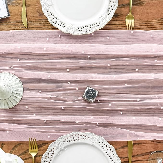 Artoid Mode Pearl Pink Gauze Table Runner 120 Inch 10FT, Seasonal Sheer Dining - Image 3