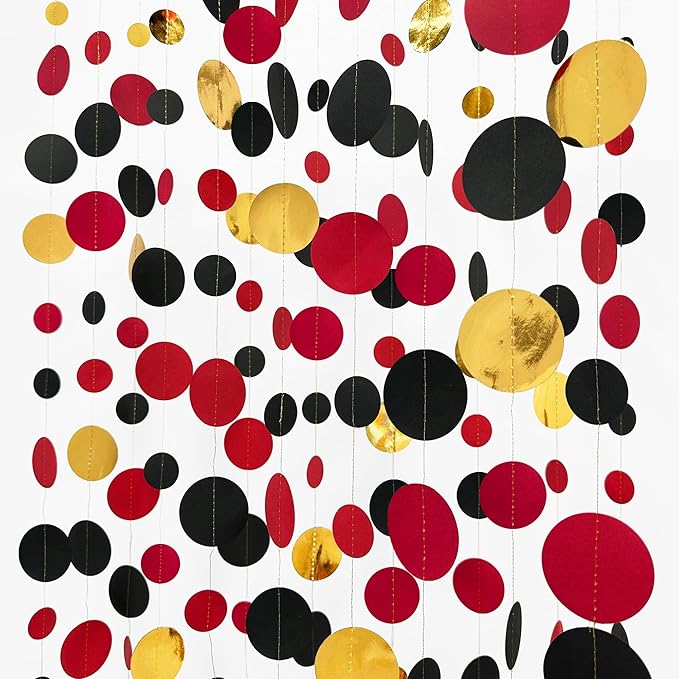 Gold Black Red Party Decorations Circle Dots Streamer Hanging Paper Polka Dots by pinkblume