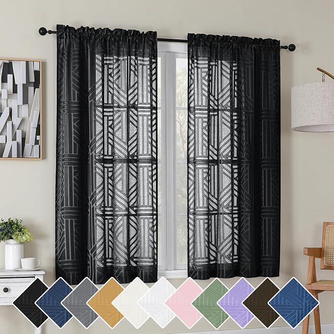 Simplebrand Black Semi Sheer Curtains 54 Inch Length 2 Panels, Geometric by Simplebrand