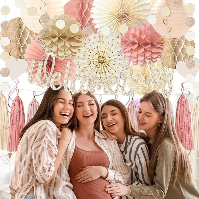 Dusty Pink Boho Baby Shower Party-Decorations Beige Champagne Girl Welcome Baby - Image 7