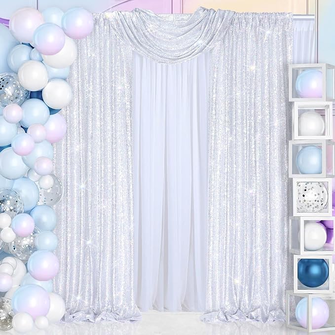 Laser Silver Sequin Backdrop Curtains Party Glitter Drapes 2 Pcs 2FTx8FT | - Image 5