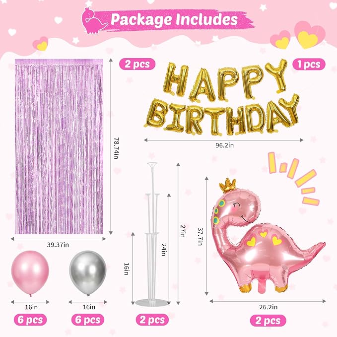 Cute Pink Dinosaur Birthday Party Decorations, Dino Theme Party Balloon Kit - Image 2