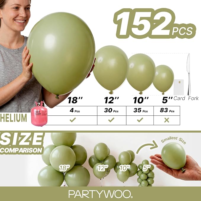 PartyWoo Sage Green Balloons 152pcs Olive Boho Green Color 18 12 10 5 Inch | 18 - Image 6