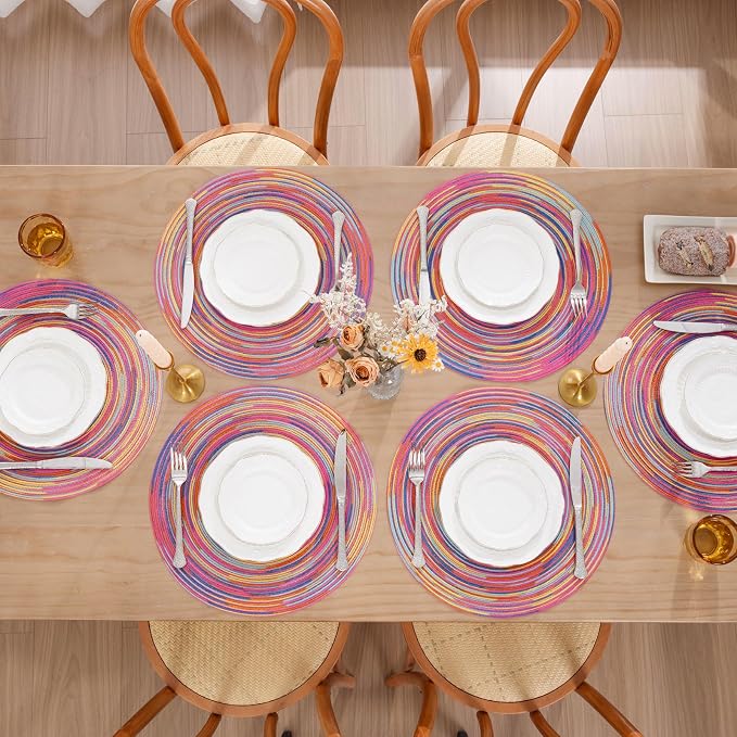 SHACOS 15 inch Round Placemats Set of 6 Variegated Multicolor Place Mats Cotton - Image 5