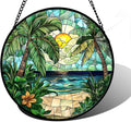 Stained Glass Window Hanging, Green Beach Scenery Suncatcher Diamond Glass Panel Hangings Sun Catchers Decor for Birthday for Women, Men, Wife, Aunt, and Mom 6.3 in