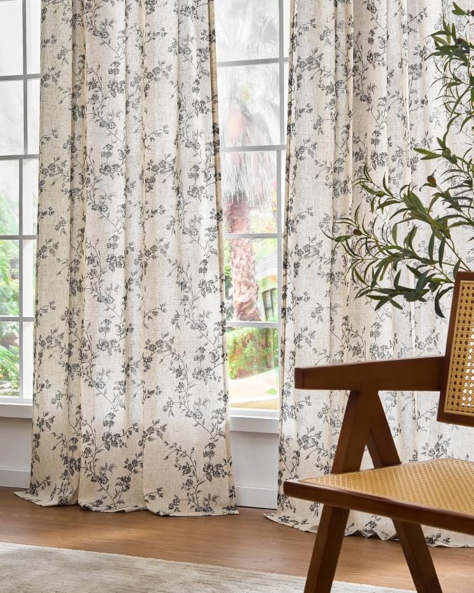 Black Vintage Floral Linen Curtains Farmhouse 50W X 90L 2 Panels | Elisa Series - Image 8