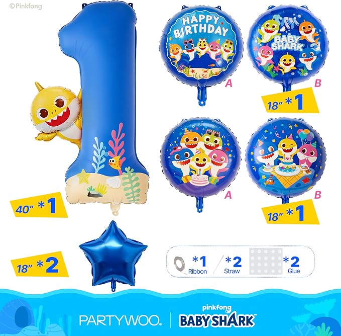 PartyWoo Baby Shark Blue Foil Round Star Mylar Number 1 Balloons 5pcs | Balloons - Image 3