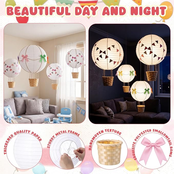 Lewtemi 12 Sets Hanging Hot Air Balloon Ceiling Decorations 10'' 12'' Baby - Image 3