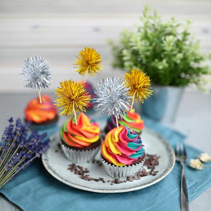 Gyufise 30Pcs Foil Firework Cupcake Toppers Sparkle Tinsel Cake Toppers Tinsel - Image 6