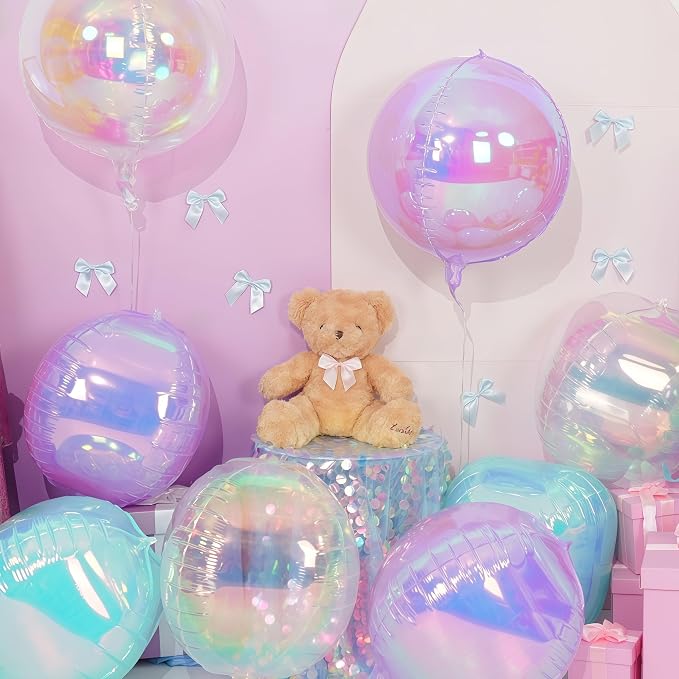 Iridescent Round Foil Balloons, 22 Inch Transparent Gradient Pink Purple Teal - Image 3