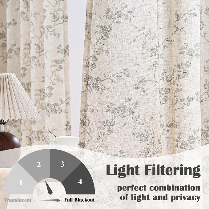 Extra Long Grey Vintage Floral Linen Curtains Farmhouse 2 Panels | Elisa Series - Image 3