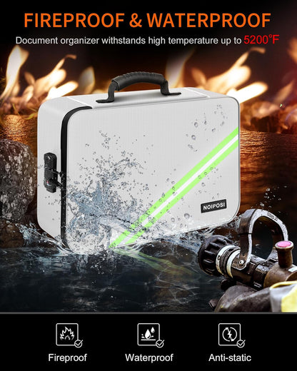 Noiposi Document Organizer with Lock, 15.0"x11.0"x4.3" Waterproof & Fireproof Document Box, Portable Home Safe Storage for Important Files, Silver