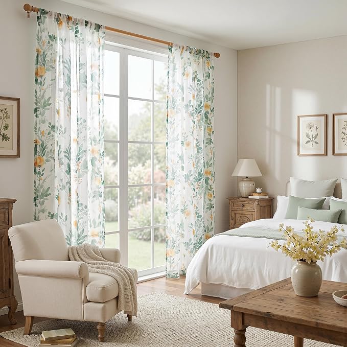 MYSKY HOME Green Sheer Floral Curtains 95 Inch Length - Image 9