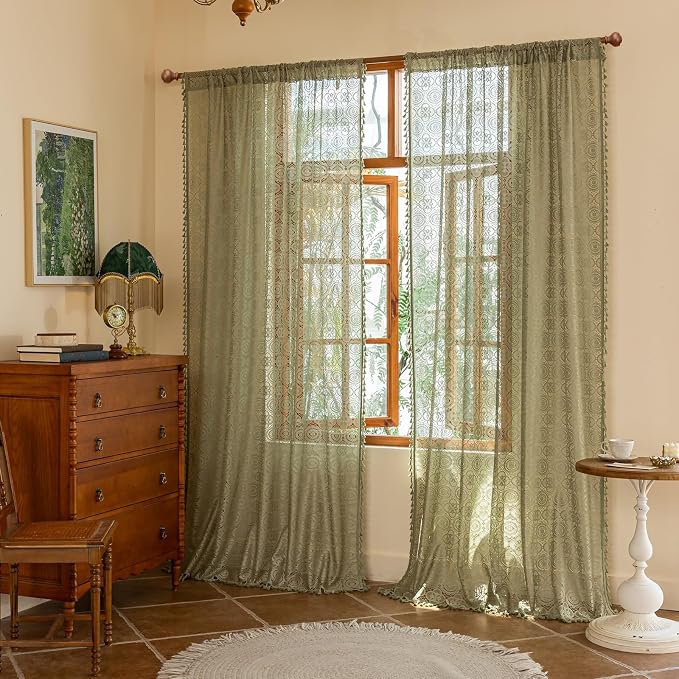 YJ YANJUN Boho Lace Curtains, Sage Green Sheer Window Panels | Geometric - Image 2