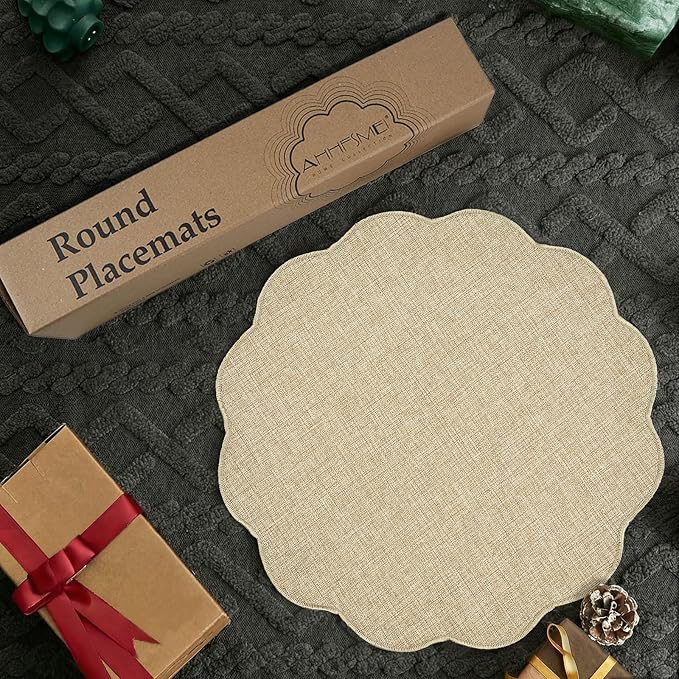 AHHFSMEI Round Faux Linen Placemats Set of 6 Heat Resistant Non-Slip Stain - Image 5