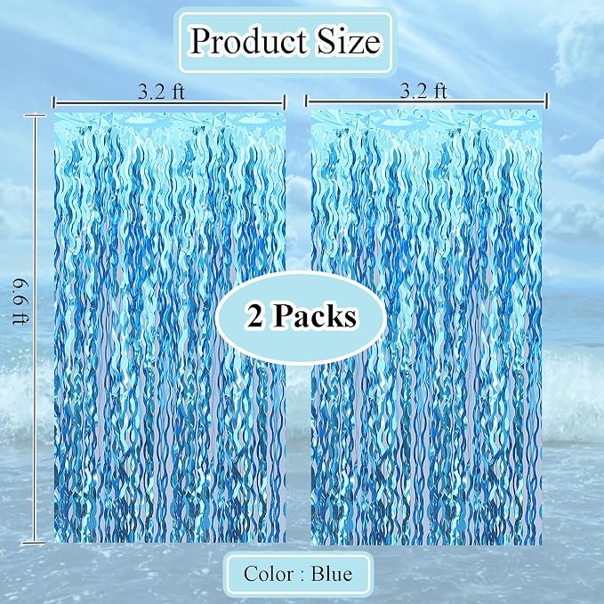 2 pcs Blue Wavy Tinsel Curtains, Under The Sea Party Decorations | Unique Shiny - Image 2