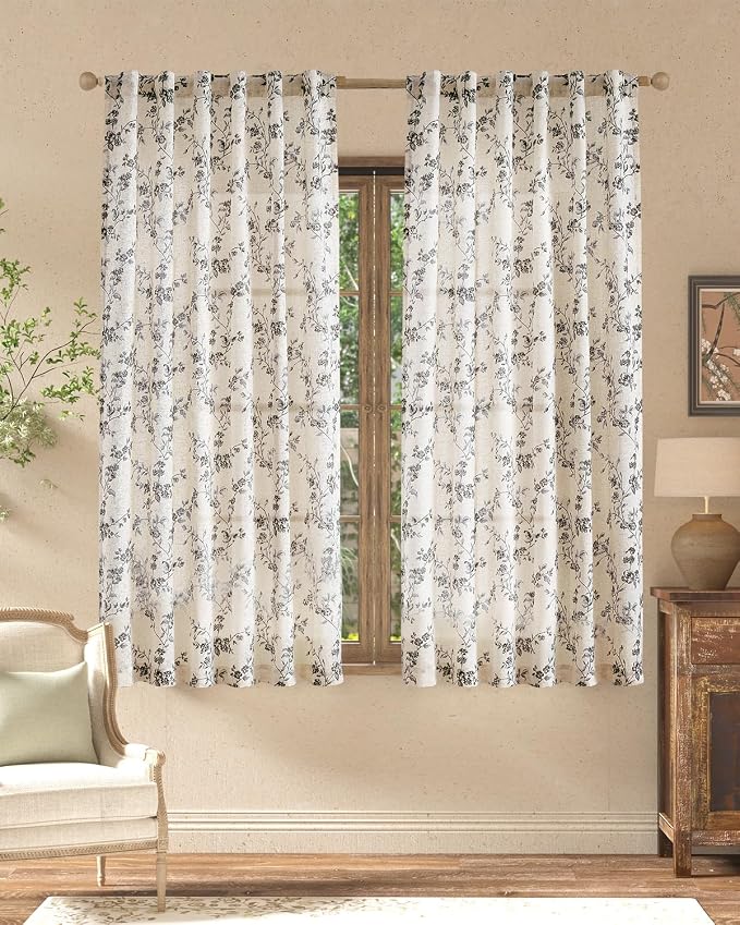 jinchan Black Floral Linen Curtains 63 Inch Farmhouse Back Tab 2 Panels | by JINCHAN