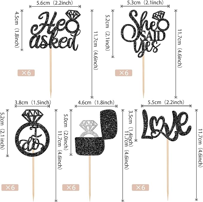 30 PCS He Asked She Said Yes Cupcake Toppers Love I Do Diamond Ring Cupcake Picks for Wedding Enaggement Bridal Shower Party Cake Decorations Supplies Black
