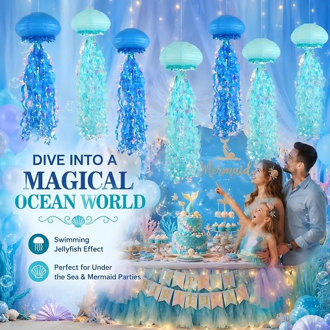 10-Inch Jellyfish Paper Lanterns, Under the Sea Party Decorations | 6-Pack Blue - Image 6