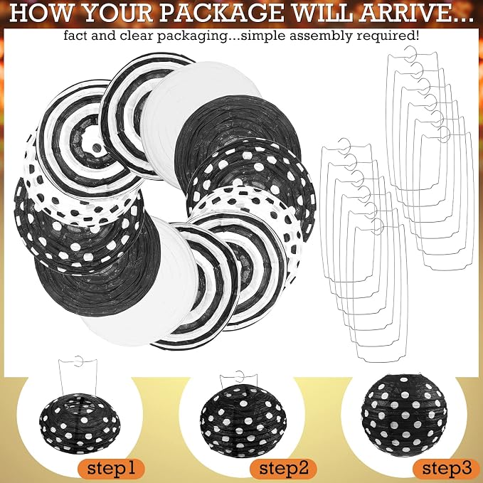 Treela 12 Pack Black and White Paper Lanterns Back to School 8" Round Hanging - Image 3