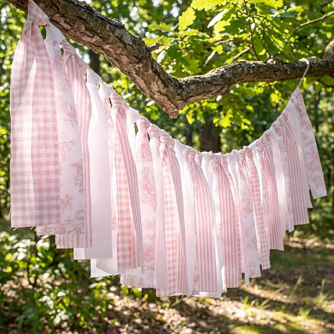 Fanfanwin Pink Floral Tassel Garland Farmhouse Fabric Hanging Banner 80 Inches by Fanfanwin