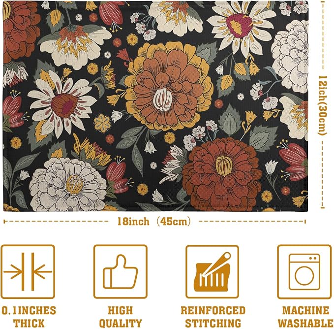 Black Boho Floral Placemats Set of 4 Spring Summer Vintage Flowers Botanical - Image 4