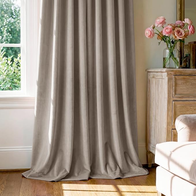 Camel Beige Velvet Curtains for French Door Decor, 2 Panels | Cream Elegant - Image 7