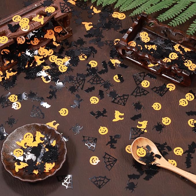 Orange and Black Halloween Party Table Scatter Confetti, 3000 Pcs Pumpkin Spider Webs Bat Foil Metallic Confetti for Halloween Party Table Decorations