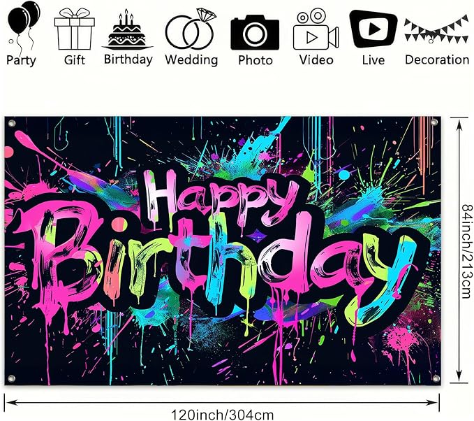 HOMETITUTE Neon Happy Birthday Banner 120x84 Inch Decorations - Image 3