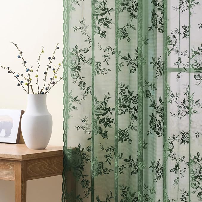 Leaf Green Lace Curtains 90 Inch Length 2 Panels set Victorian Floral Sheer - Image 4