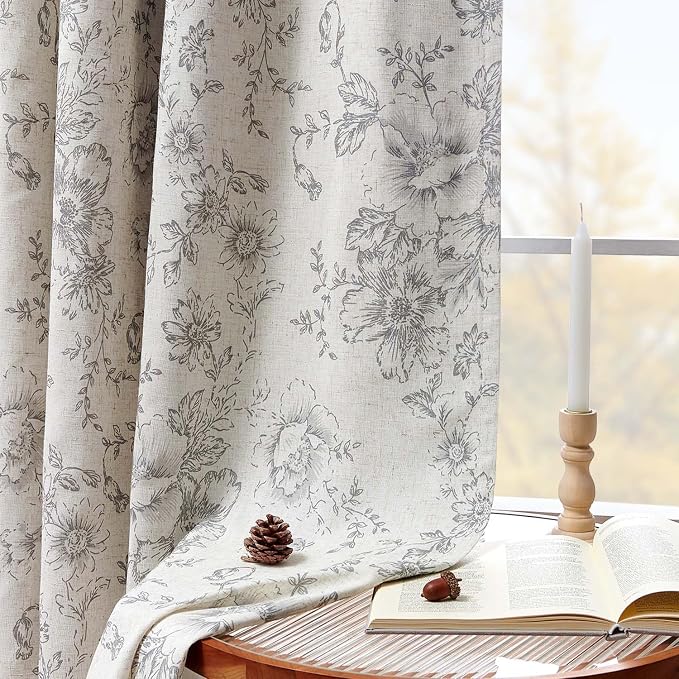 jinchan Grey Floral Linen Blackout Curtains Lined 84 Inch Back Tab 2 Panels | - Image 3