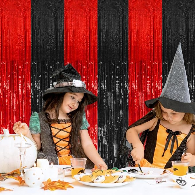 5 Pack Black and Red Party Backdrop Streamers Decorations Foil Fringe Curtains - Image 2