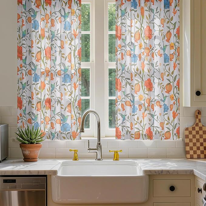 54 Inch Boho Floral Curtains Tropical Bird Print Linen Semi Sheer Window Drapes - Image 7