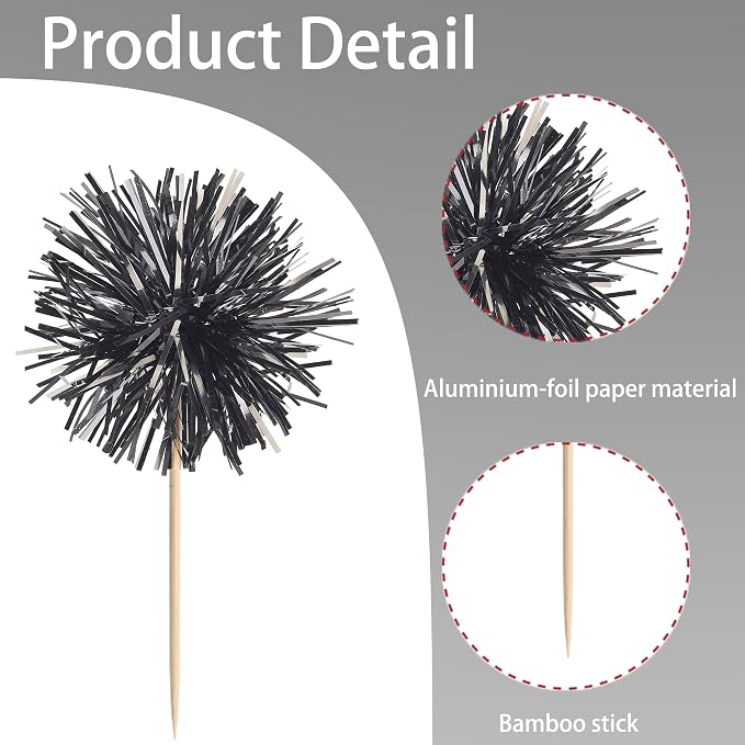 40 PCS Black Foil Firework Cupcake Toppers Sparkle Tinsel Cupcakae Picks - Image 3