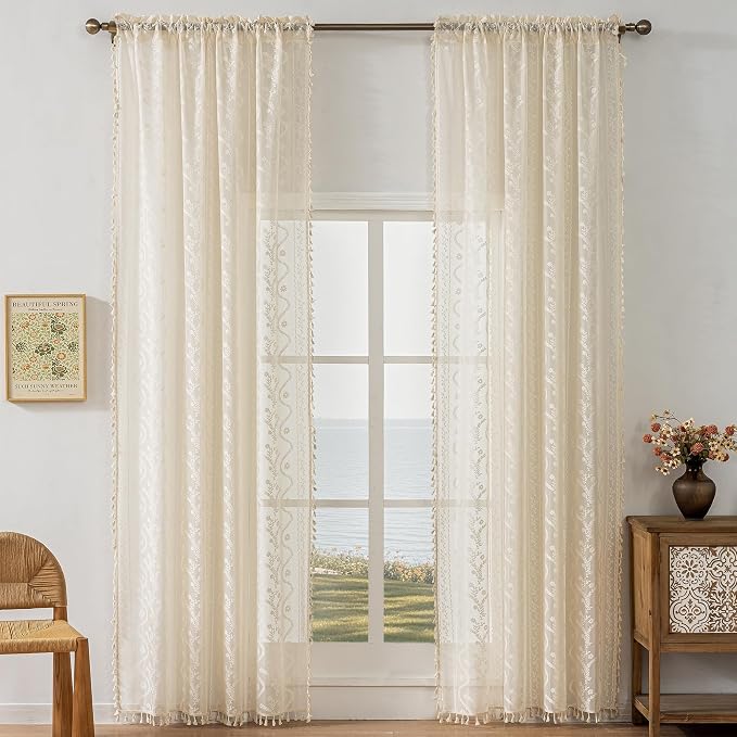 WAZZIO Boho Lace Curtains 2 Panels 102 Inches -Cute Vintage Victorian Sheer - Image 2