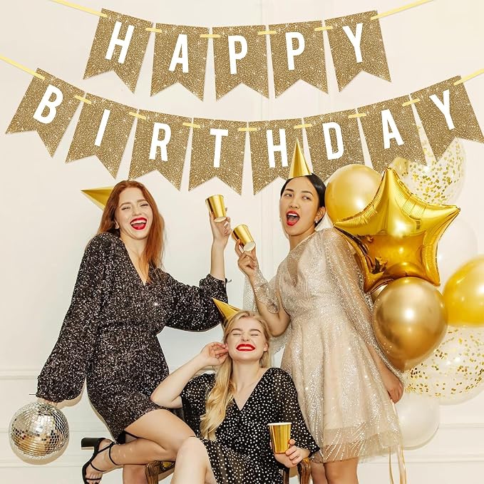 Netnology Pre-Strung Gold Glitter Happy Birthday Banner Decorations | 12 ft No - Image 6