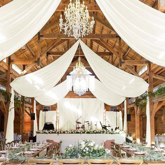 6 Panels Ivory Ceiling Drapes for Wedding 5ftx30ft Sheer Drapery Chiffon Fabric Arch Draping Curtains for Party Ceremony Birthday Baby Shower Reception Stage Ceiling Decorations