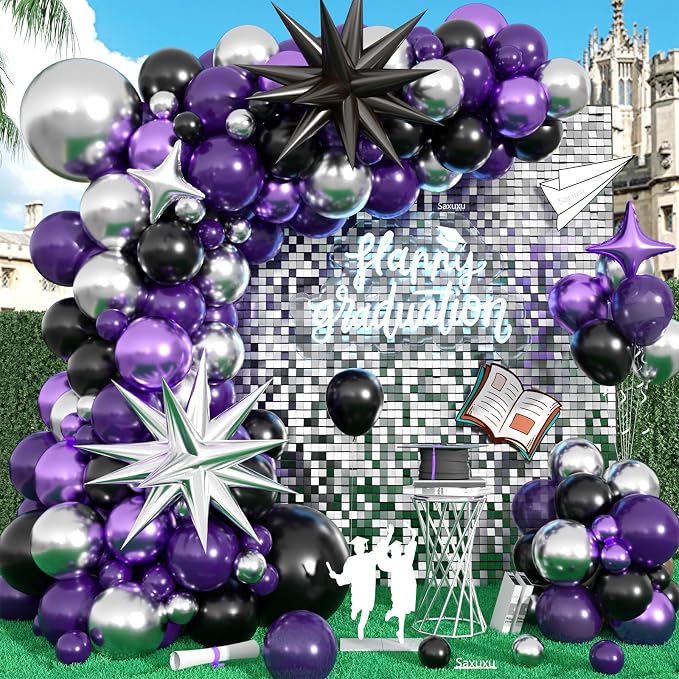 Purple Black Balloon Arch Kit, Sliver Star Foil Balloons by Saxuxu