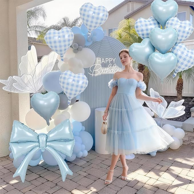 Pastel Blue Bow Balloons & Checkered Heart Foil Balloon Set, Coquette Birthday - Image 4