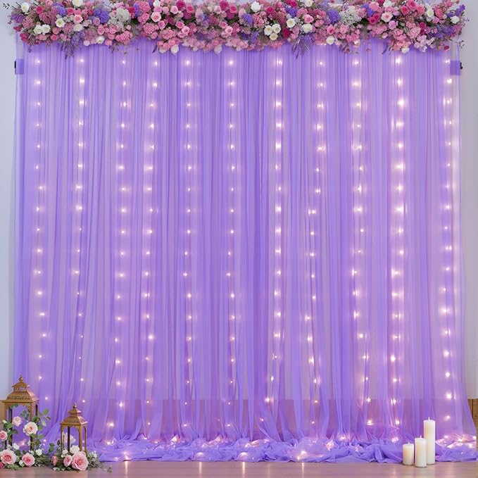 10x10ft Lavender Tulle Backdrop Curtains with Lights for Party Wedding Baby Shower, Sheer Wrinkle Free Backdrop Curtains for Birthday Party Photo Booth Background Decoration