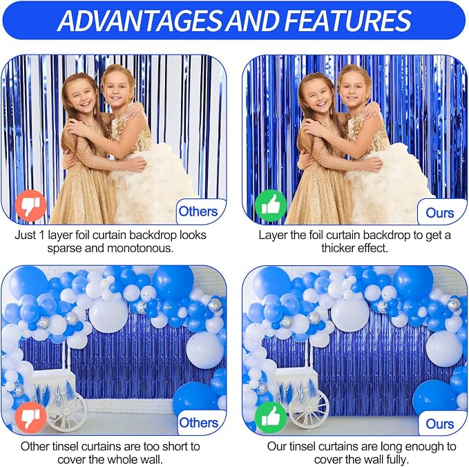 Crosize 2 Pack 3.3 x 9.9 ft Dark Blue Foil Fringe Curtains Party Decorations - Image 3